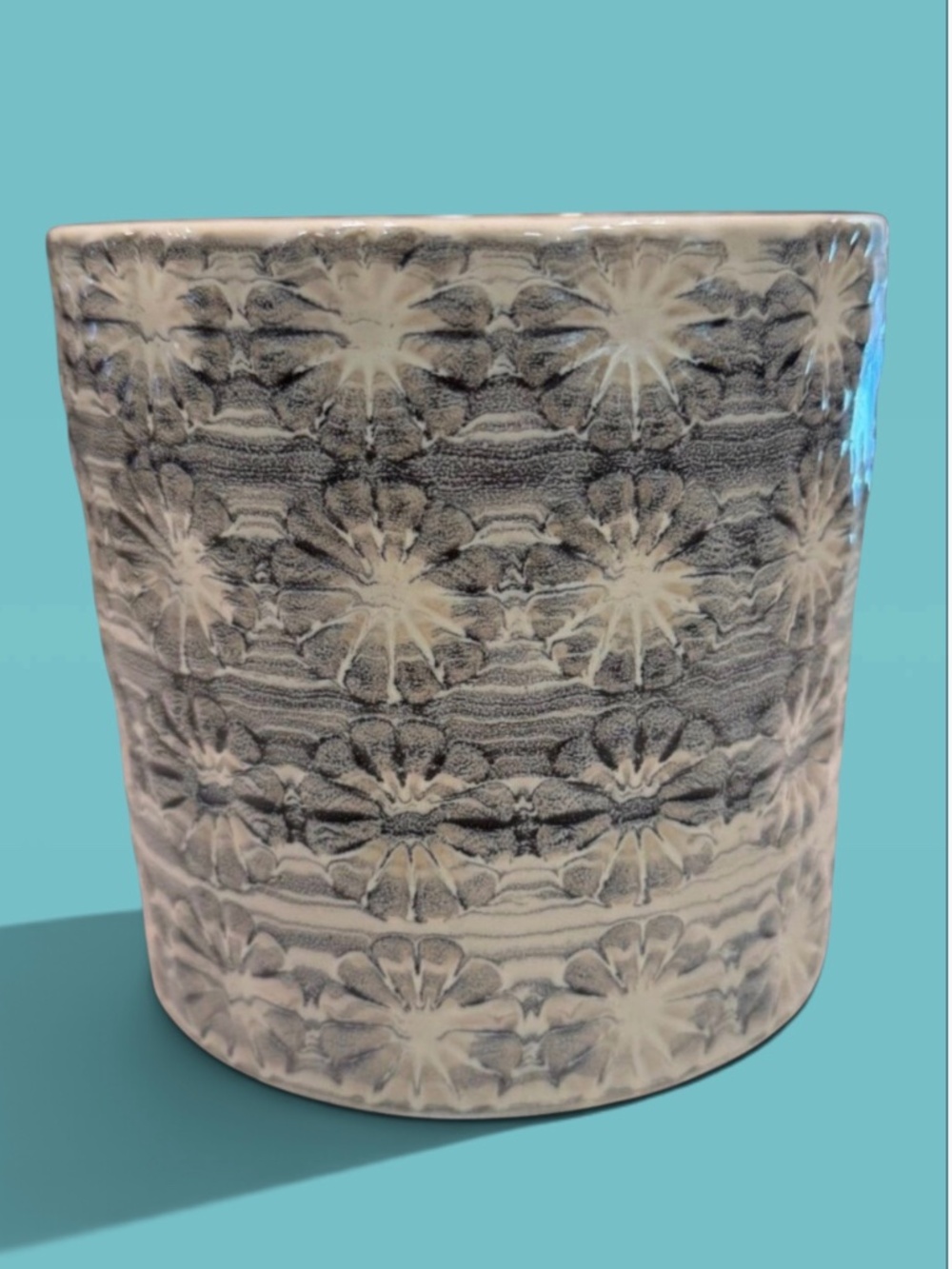 Round Heavy Floral Ceramic Succulent Planter Blue and Cream Hues 6x5”